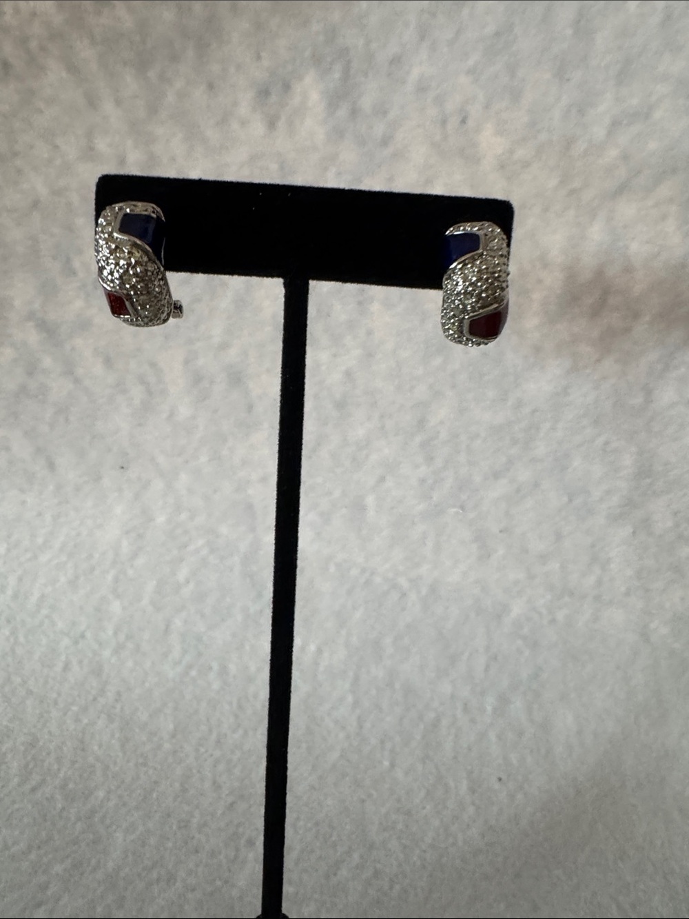 Crystal Pavé Silver-Tone Hoop Earrings with Red and Blue Inlay